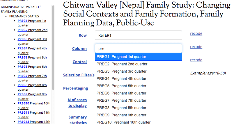 Chitwan Valley [Nepal] Family Study: Changing Social Contexts and Family Formation, Family Planning Data, Public-Use - Select your “Column” variable: