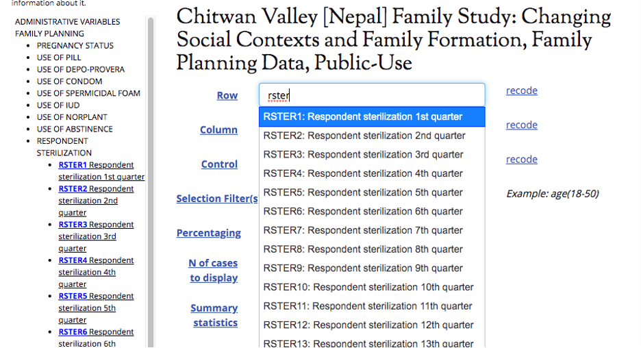 Chitwan Valley [Nepal] Family Study: Changing Social Contexts and Family Formation, Family Planning Data, Public-Use - •	Select your “Row” variable: 